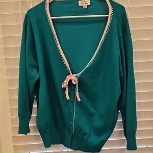Unique Vintage Teal Cardigan with Pink Trim